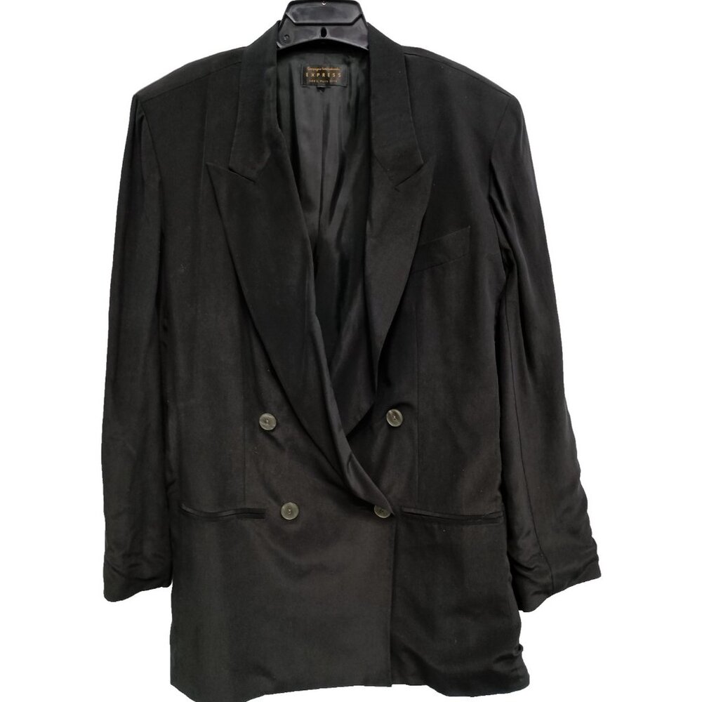 VTG 90s Express Blazer Womens Large Black Silk Double Breasted Event Minimalist